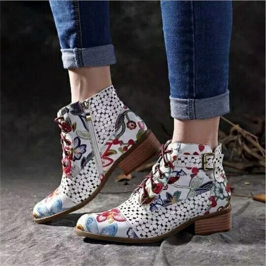 Color matching flower foreign style women's short boots