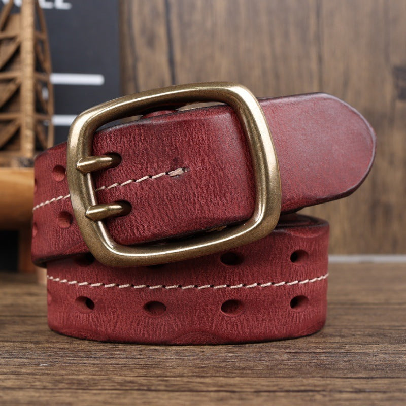 Retro Personalized Double Needle Brass Buckle First Layer Cowhide Stitching Men's Leather Belt