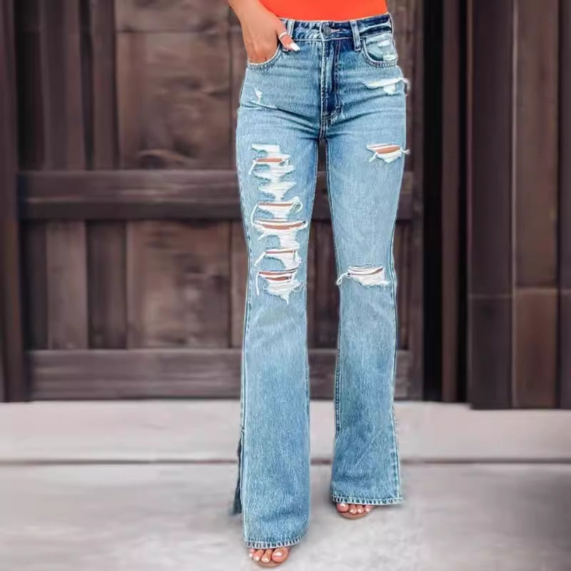Ladies European & American Style Light Blue High/Mid Waist Jeans