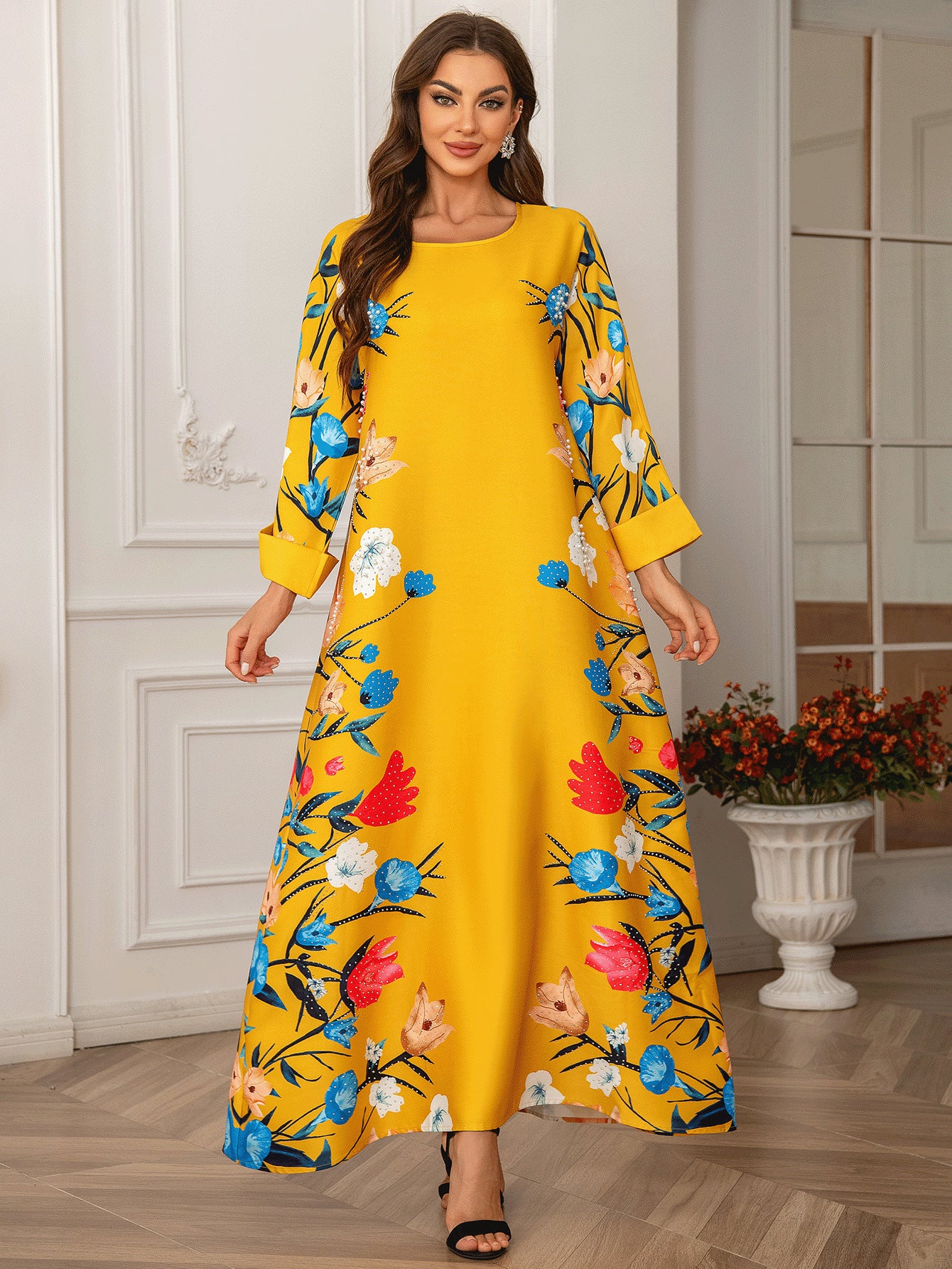 Printed Diamond Detail Women's Robe Abaya