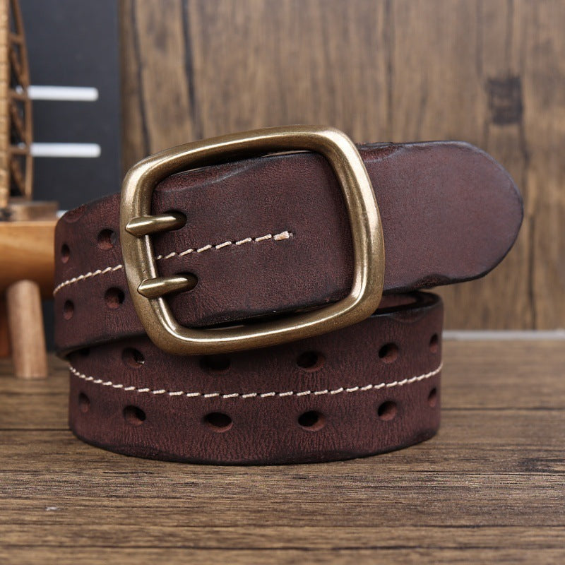 Retro Personalized Double Needle Brass Buckle First Layer Cowhide Stitching Men's Leather Belt