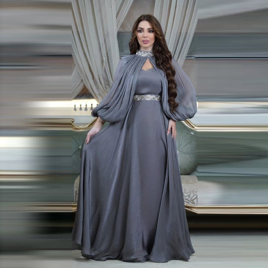 Women's Two-piece Hot Drilling Bright Silk Satin Robe Abaya