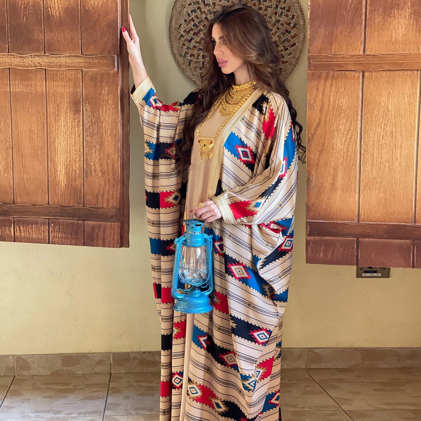 Striped Batwing Sleeve Two-Piece Abaya Set
