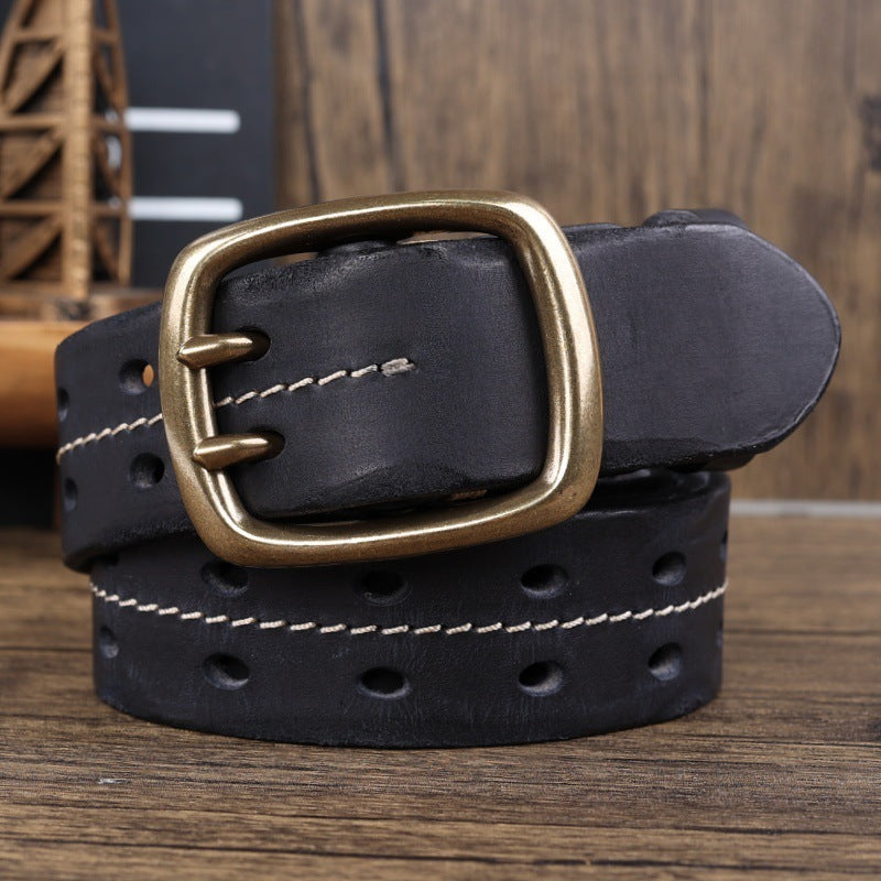 Retro Personalized Double Needle Brass Buckle First Layer Cowhide Stitching Men's Leather Belt