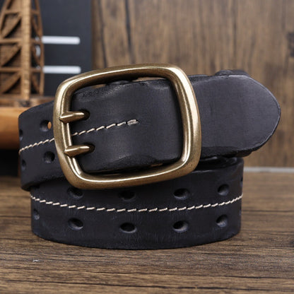 Retro Personalized Double Needle Brass Buckle First Layer Cowhide Stitching Men's Leather Belt