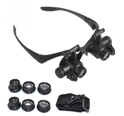 LED Double Eye Magnifier Glasses – 10X to 25X Interchangeable Lens with Headband for Precision Work