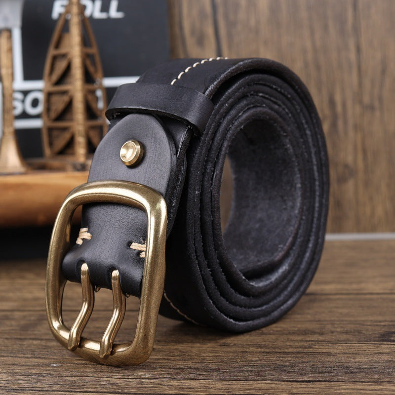 Retro Personalized Double Needle Brass Buckle First Layer Cowhide Stitching Men's Leather Belt