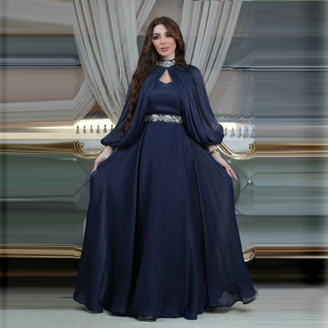 Women's Two-piece Hot Drilling Bright Silk Satin Robe Abaya