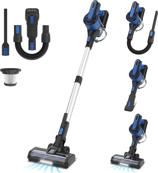 Cordless Vacuum Cleaner, 45Kpa 550W Powerful Stick Vacuum, 8 in 1 Self-Standing Rechargeable Battery Up to 60min Runtime, Lightweight Cordless Vacuum for Pet Hair Hard Floor Carpet Home-Blue