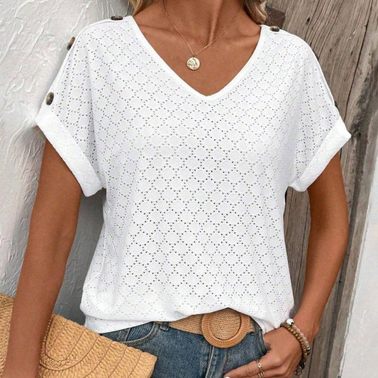 Button Solid Color Circle Loose Short Sleeve T-shirt For Women