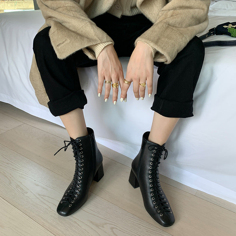French Retro Romantic Style Lace-up Thick High-heeled Martin Boots