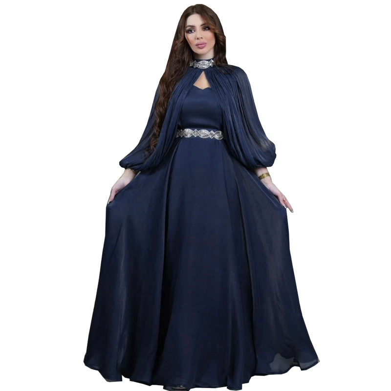 Women's Two-piece Hot Drilling Bright Silk Satin Robe Abaya