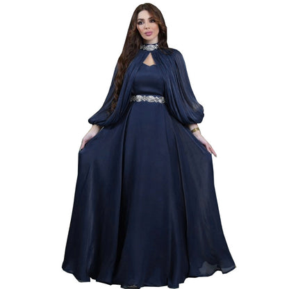 Women's Two-piece Hot Drilling Bright Silk Satin Robe Abaya