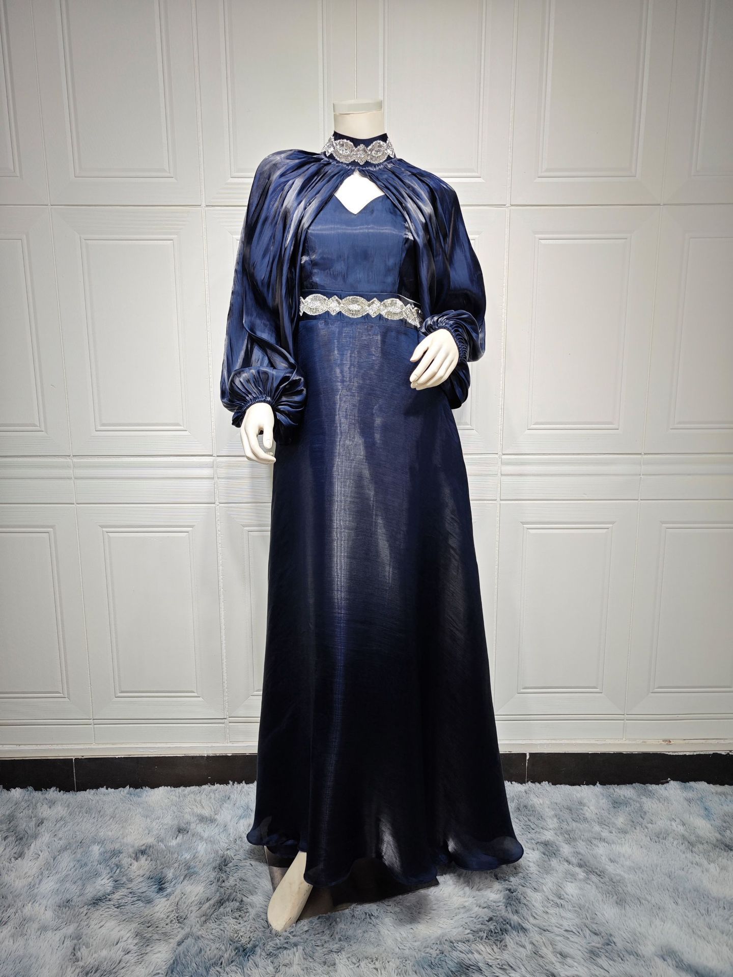 Women's Two-piece Hot Drilling Bright Silk Satin Robe Abaya