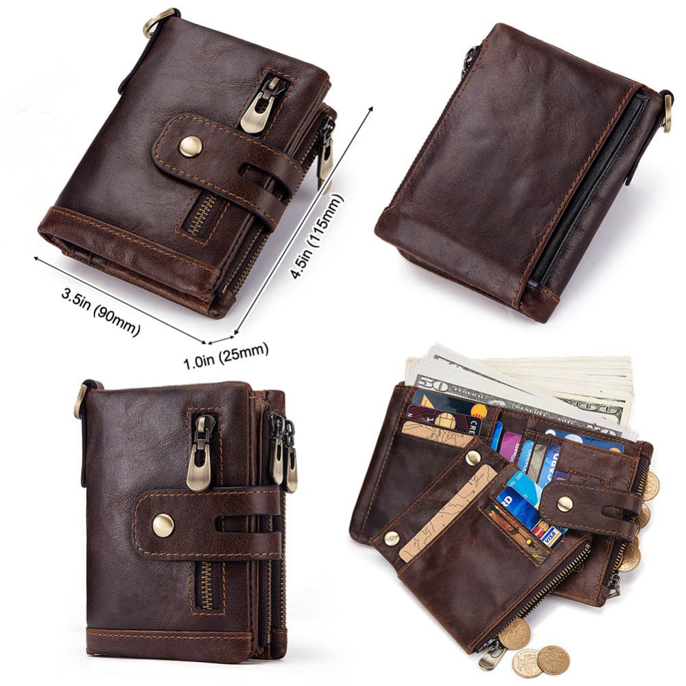 New Men's Leather Wallet Large Capacity Buckle Retro Zipper Coin Purse Anti-theft Clutch