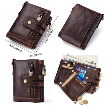 New Men's Leather Wallet Large Capacity Buckle Retro Zipper Coin Purse Anti-theft Clutch