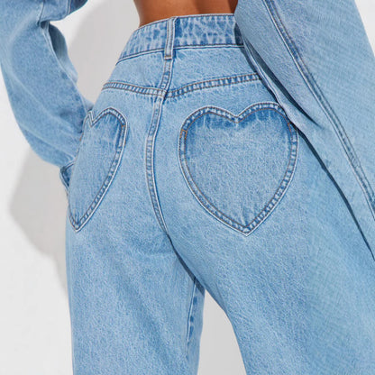 Straight Slimming Trousers Love Pocket High Waist Loose Jeans
