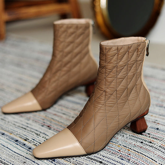 Shaped thick heel color matching short boots