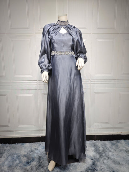 Women's Two-piece Hot Drilling Bright Silk Satin Robe Abaya