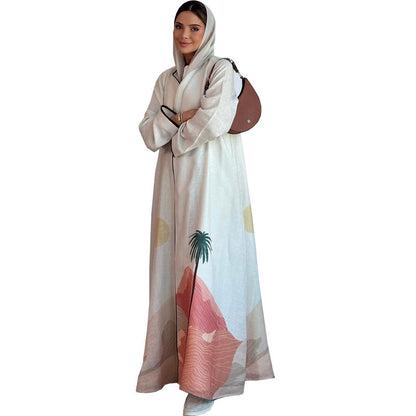 Long Sleeve Splicing Print Coat-Abaya