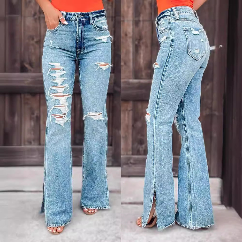 Ladies European & American Style Light Blue High/Mid Waist Jeans