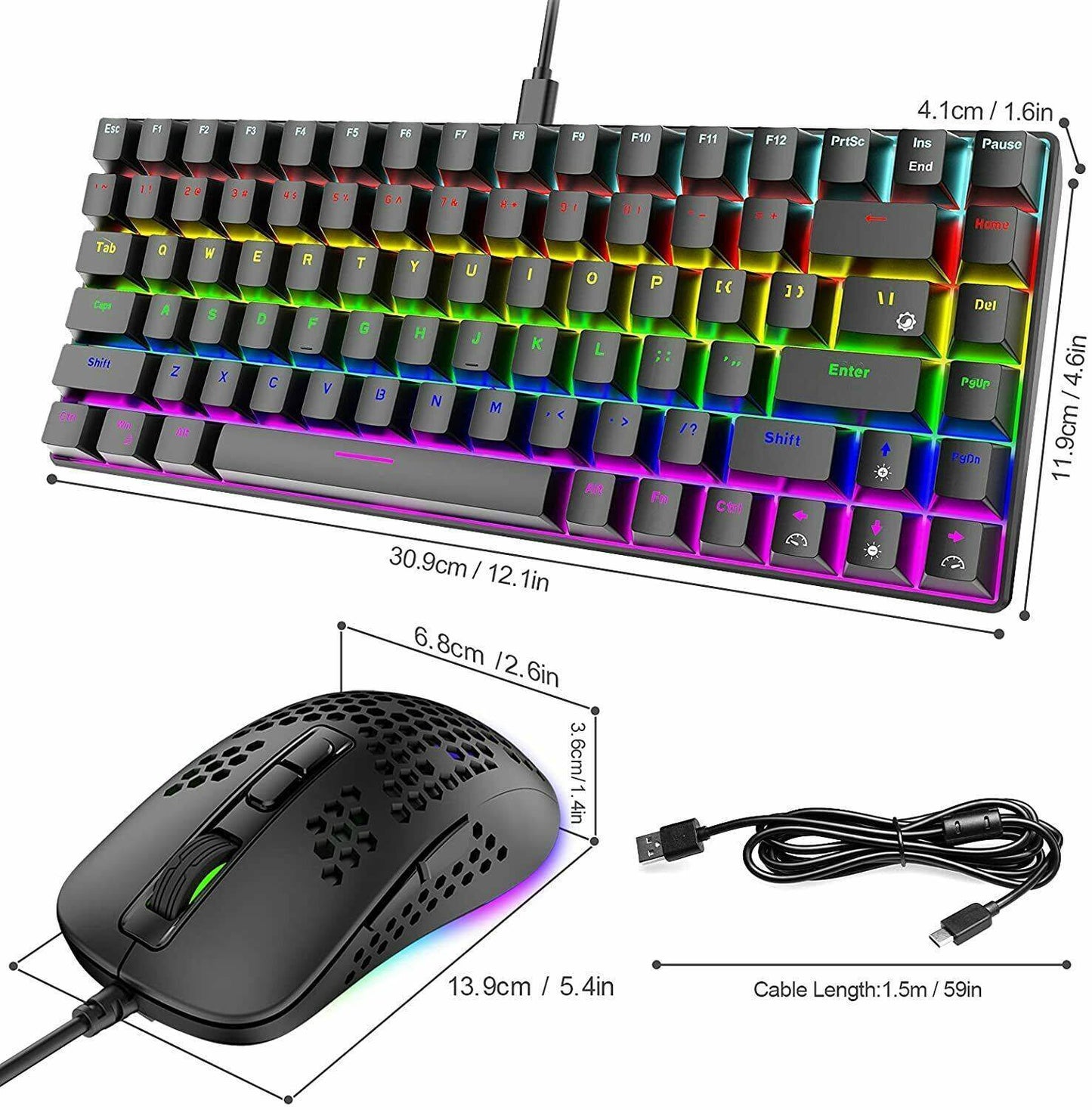 Gaming 84-Keys Keyboard RGB Lightweight Mouse Set Mechanical Rainbow For PCPS4