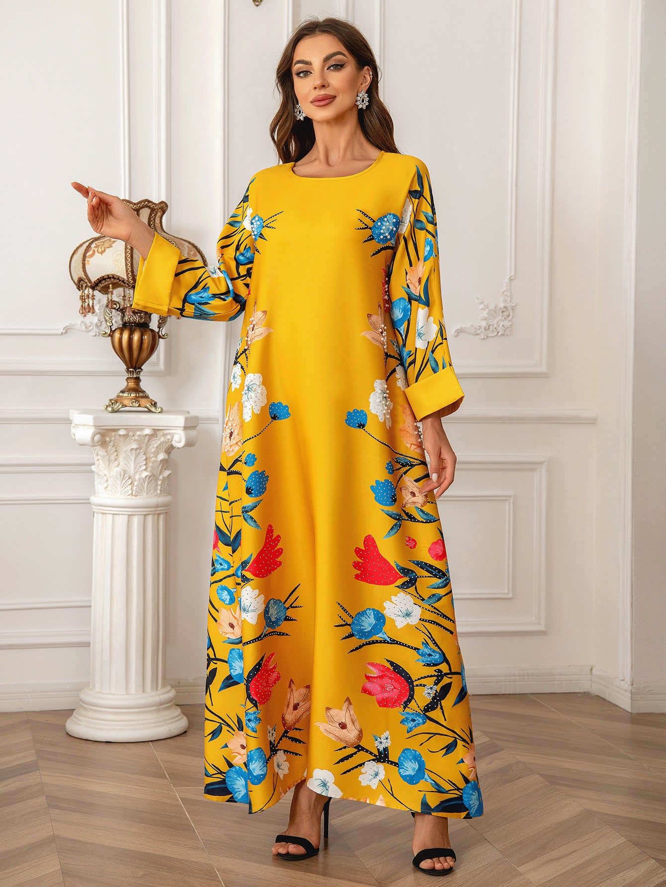 Printed Diamond Detail Women's Robe Abaya