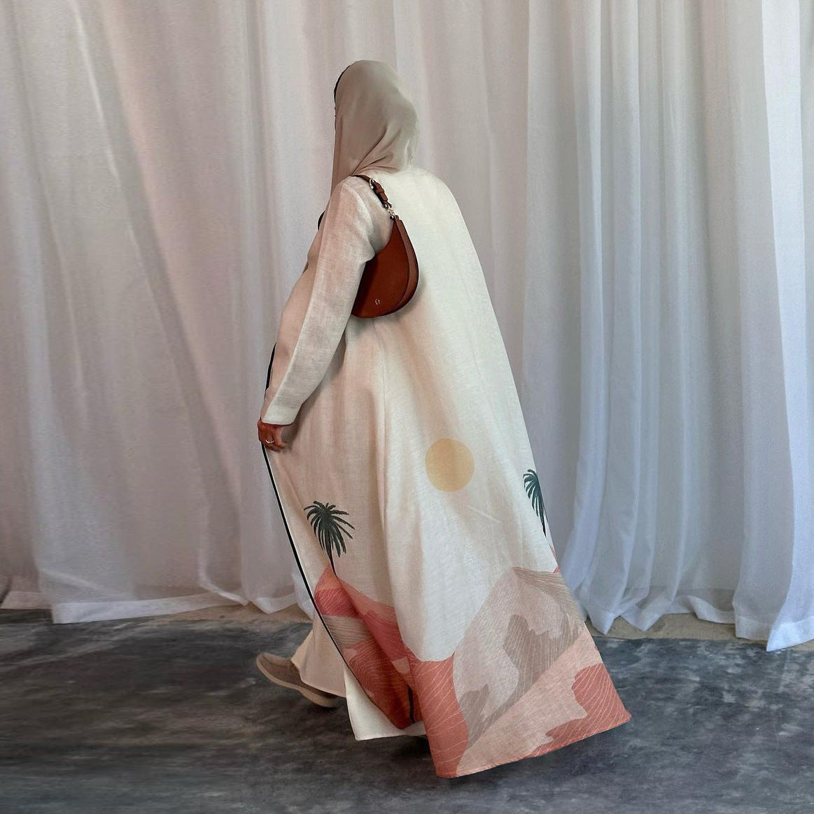 Long Sleeve Splicing Print Coat-Abaya