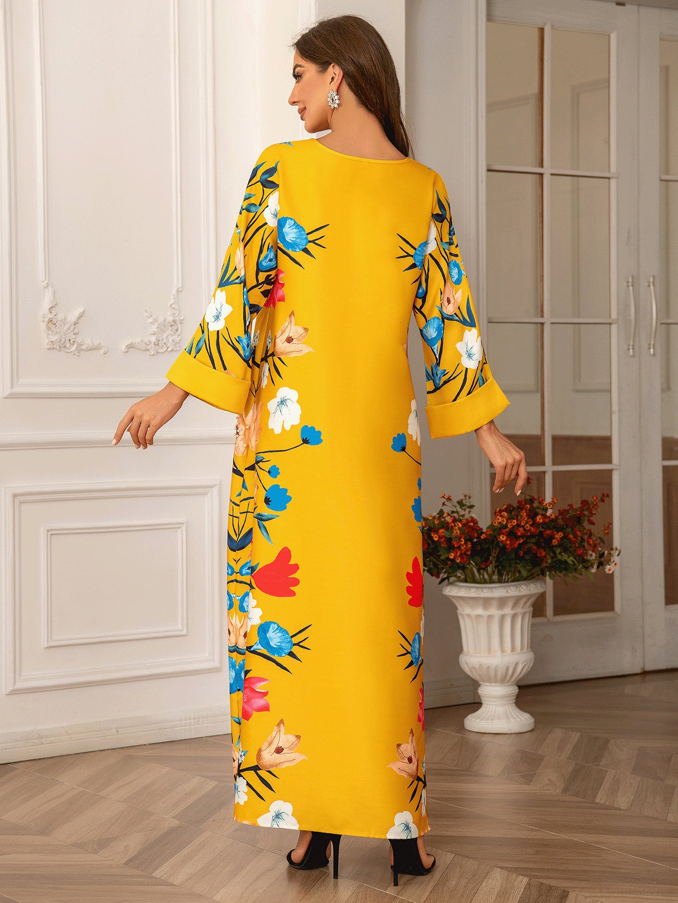 Printed Diamond Detail Women's Robe Abaya