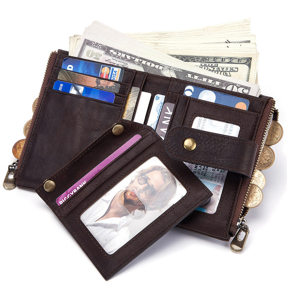 Anti-Theft Brush Wallet Leather Bag Multi-Function Buckle Zipper Retro Crazy Horse Cowhide Men's Bag Casual Coin Purse