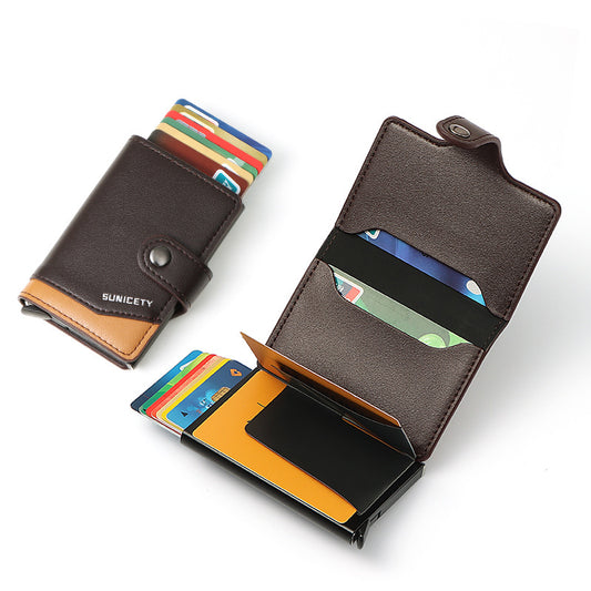 Metal Aluminum Case Automatic Pop-up Card Holder Women PU Card Case RFID Credit Card Case Leather Men's Wallet