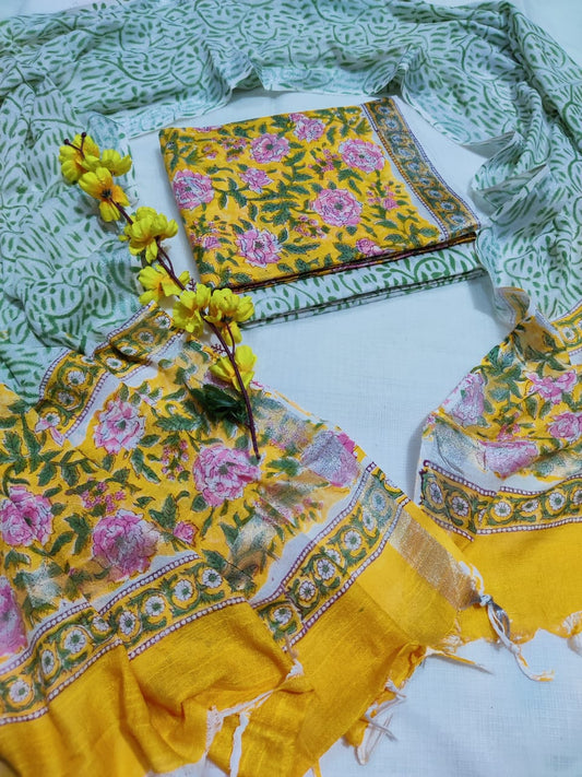 Bagru Hand Block Printed Linen Suits With Zari Border