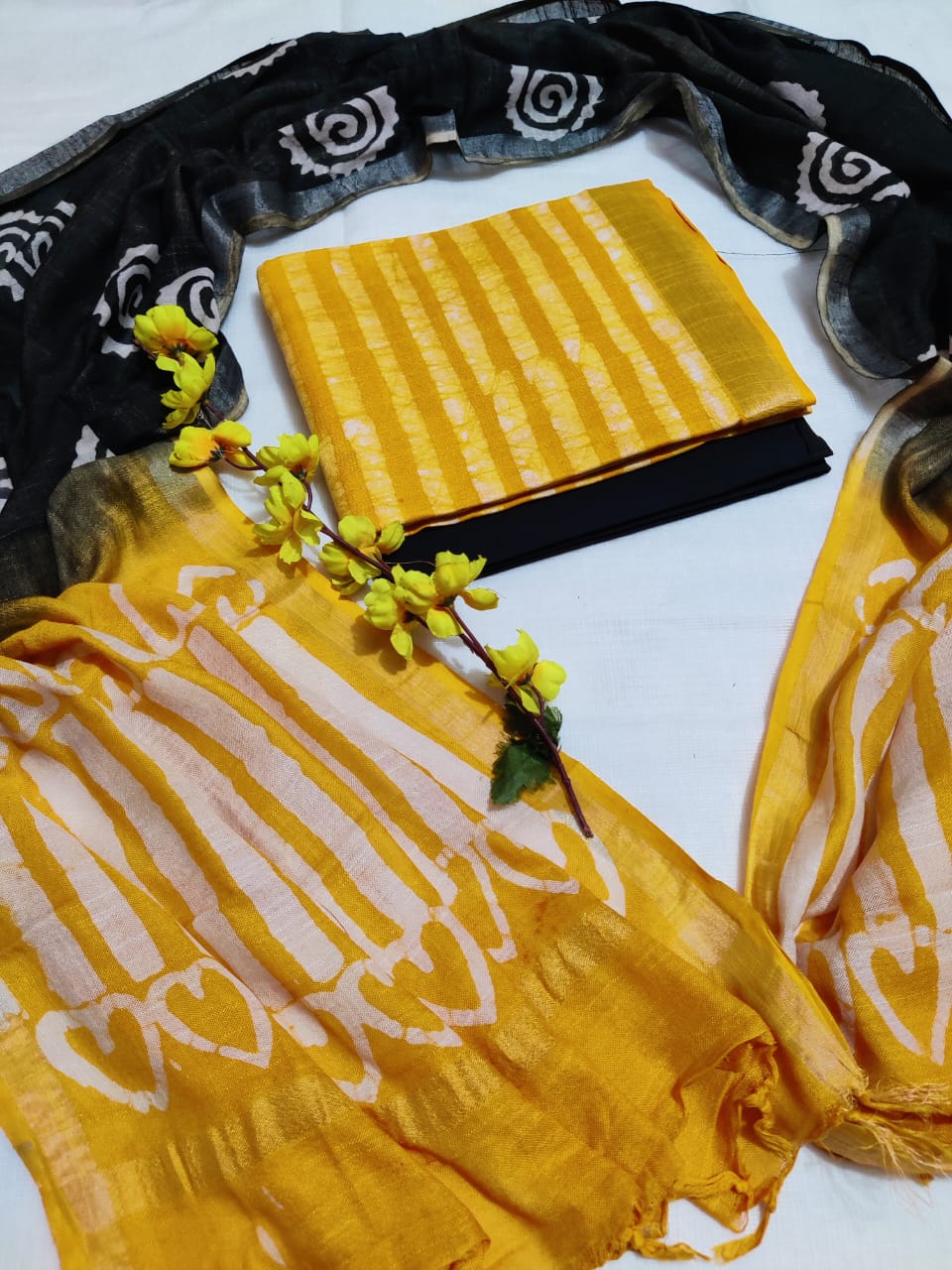 Bagru Hand Block Printed Linen Suits With Zari Border