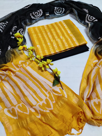 Bagru Hand Block Printed Linen Suits With Zari Border