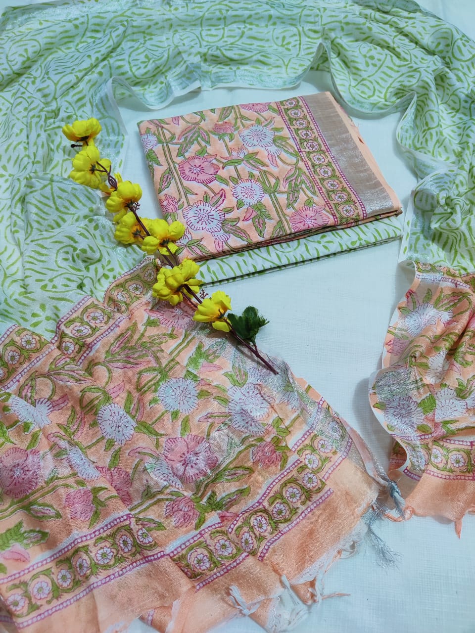 Bagru Hand Block Printed Linen Suits With Zari Border