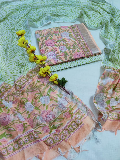 Bagru Hand Block Printed Linen Suits With Zari Border