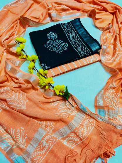 Bagru Hand Block Printed Linen Suits With Zari Border