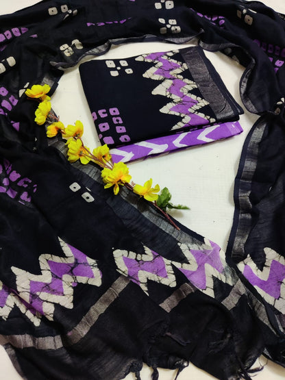 Bagru Hand Block Printed Linen Suits With Zari Border
