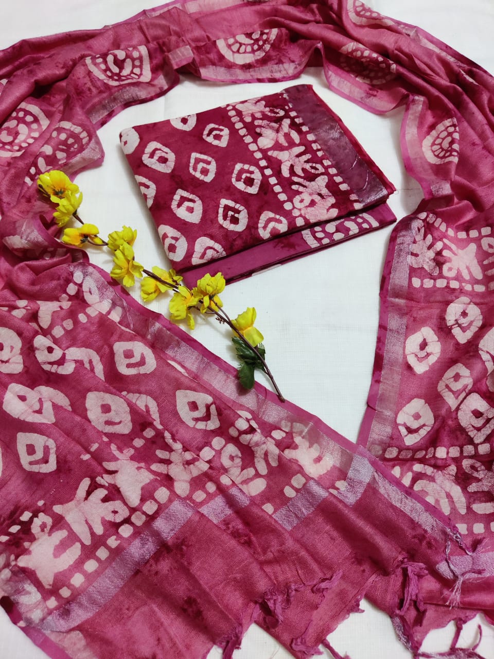 Bagru Hand Block Printed Linen Suits With Zari Border