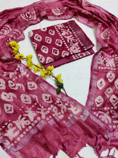 Bagru Hand Block Printed Linen Suits With Zari Border