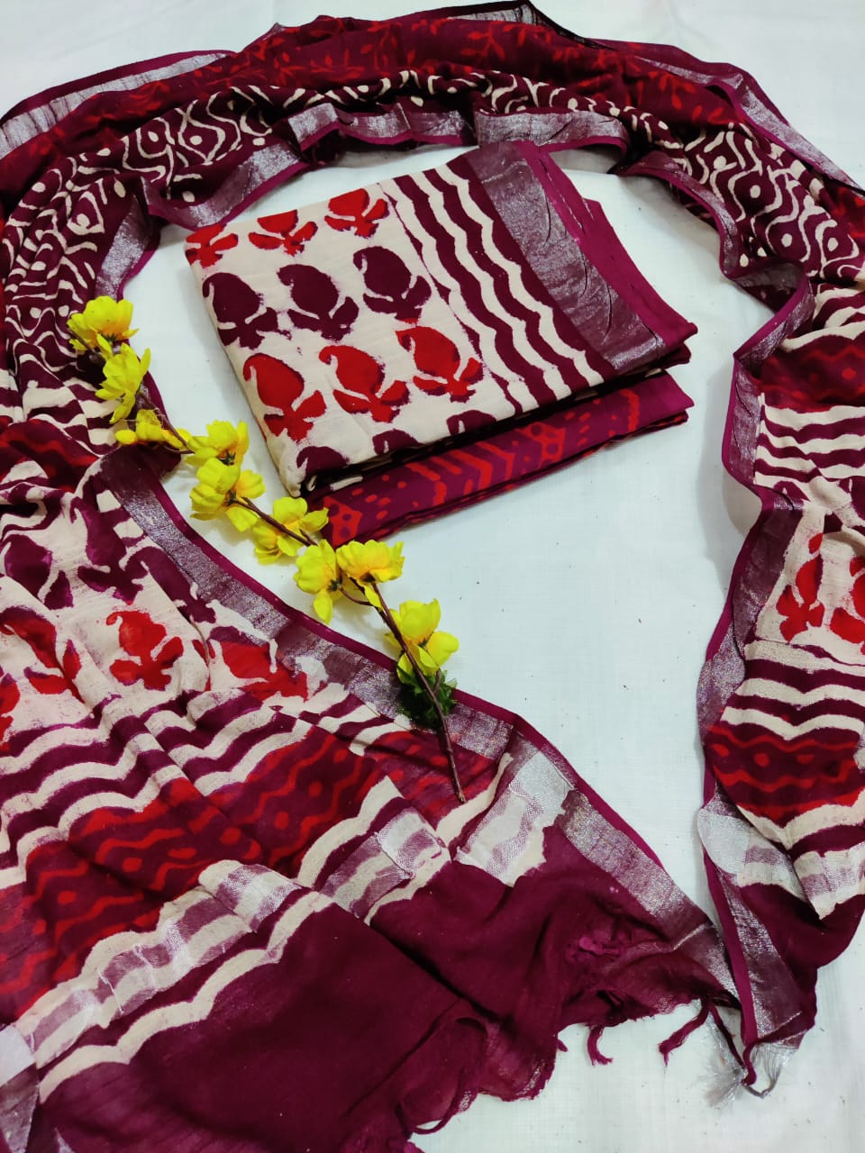 Bagru Hand Block Printed Linen Suits With Zari Border