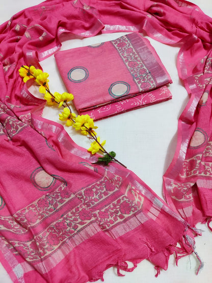 Bagru Hand Block Printed Linen Suits With Zari Border