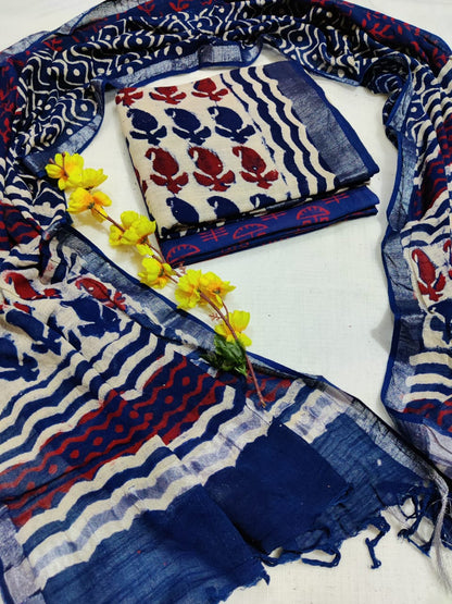 Bagru Hand Block Printed Linen Suits With Zari Border