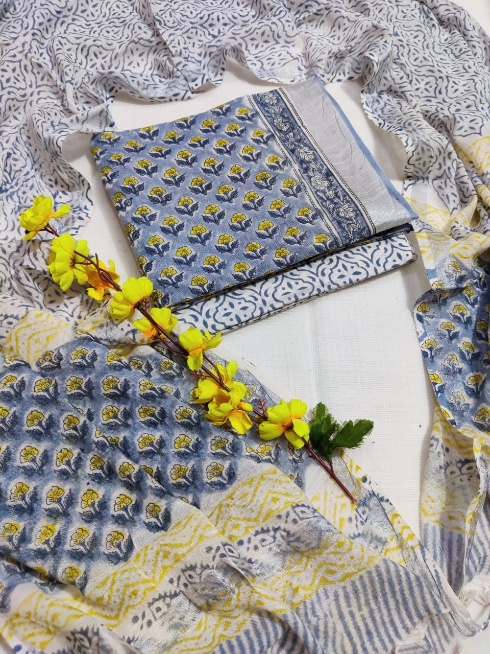 Bagru Hand Block Printed Linen Suits With Zari Border