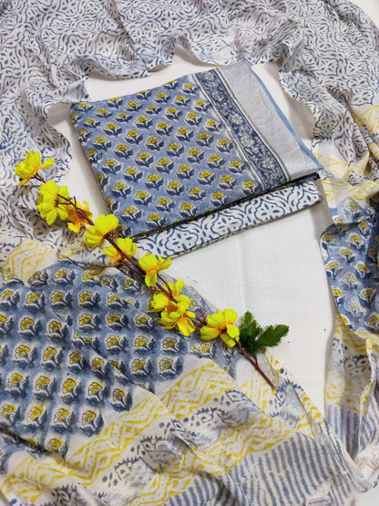 Bagru Hand Block Printed Linen Suits With Zari Border