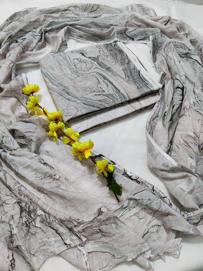Bagru Hand Block Printed Linen Suits With Zari Border