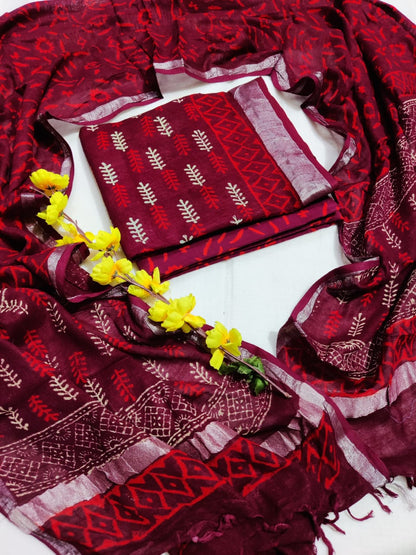 Bagru Hand Block Printed Linen Suits With Zari Border