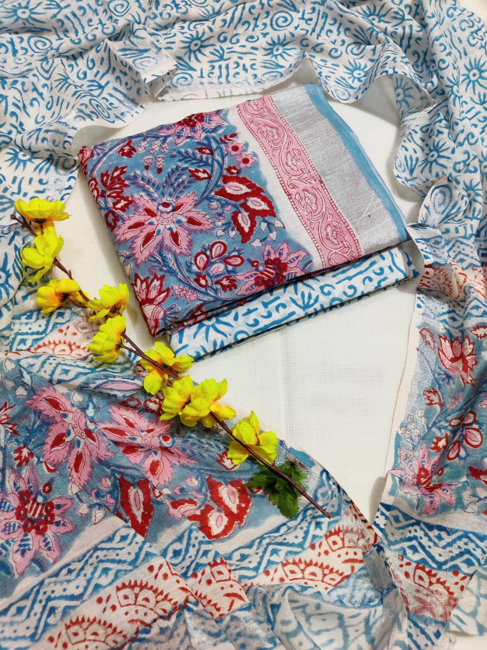 Bagru Hand Block Printed Linen Suits With Zari Border