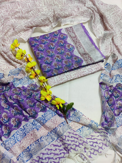 Bagru Hand Block Printed Linen Suits With Zari Border