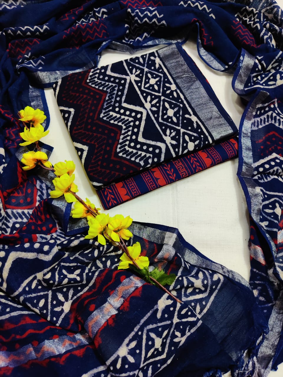 Bagru Hand Block Printed Linen Suits With Zari Border